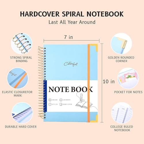 Yoment B5 Spiral Notebook with Folder Pockets - 200 Pages Hardcover College Ruled Journal, Thick 100gsm Paper for Note Taking, Work & Office, Lined Notebook for Women & Men, Blue - Thumbnail 4