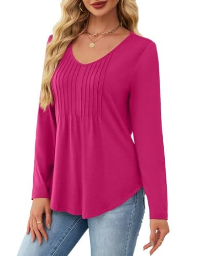 JUSTFASHIONNOW Shirts for Women Trendy Plus Size Long Sleeve Tops V Neck Dressy Blouses Pleated Maternity Shirt Tunics Early Fall Fashion Winter Clothes (Rose Red, XX-Large) - Thumbnail 2