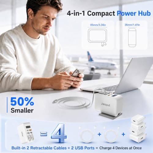 Jasput 67W Retractable Wall Charger, 4in1 GaN Fast Charger with 3.3FT Built-in USB-C & for iPhone Cables, LED Display, Foldable Travel Charger with USB-C/A Ports for MacBook, iPhone 8-17, iPad, Galaxy - Thumbnail 3