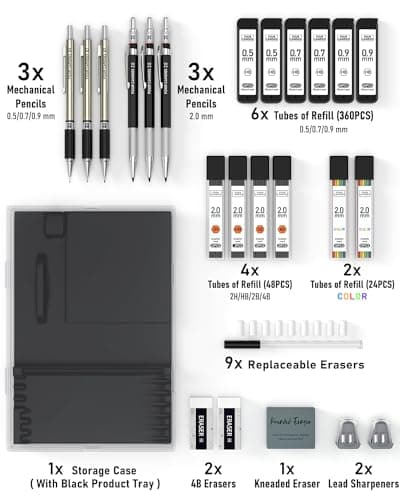 Four Candies 25PCS Art Mechanical Pencil Set with Case, 3PCS Metal Artist Lead Pencil 0.5, 0.7, 0.9 mm & 3PCS 2mm Holder (HB 2H 2B 4B Color) with 432PCS Graphite Lead Refills for Drawing Sketching - Thumbnail 5