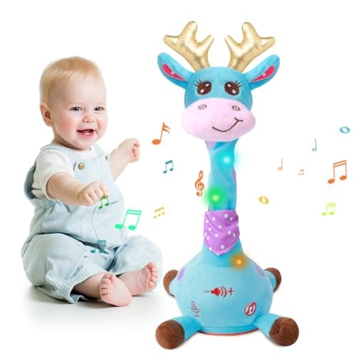 MIAODAM Dancing Talking Giraffe Stuffed Animal, Singing 10 Children's Song, Baby Toy Repeats What You Say, Christmas Colorful Glowing Giraffe Plush Interactive Toys for Toddlers 1-3 Year(Blue - Image 1