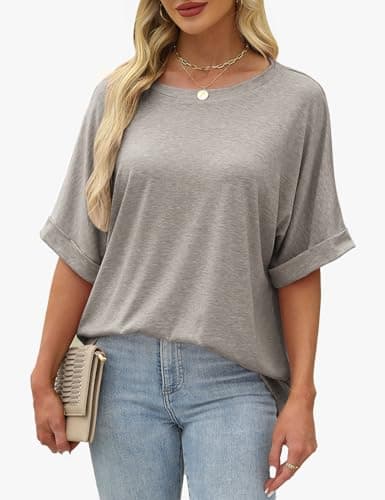GKBK Womens Oversized T Shirts Crew Neck Short Sleeve Tops Spring Summer Business Dressy Casual Loose Fit Workout Work Basic Tee Shirt 2026 Beach Vacation Trendy Fashion Clothes Outfit Gray L - Thumbnail 3