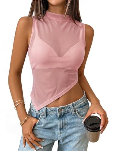 UNCLECAT Womens Sheer Mesh Mock Neck Tank Tops Going Out Sleeveless Asymmetrical Hem Crop Tops Summer 2026 Shirt Pink - Image 1