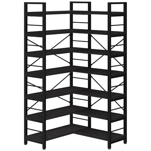 TEROL 7-Tier Corner Bookshelf, Reversible Wooden Shelves, Industrial Bookcase with Open Shelves and Sturdy Metal Frame, Display Shelf Storage Rack for Living Room, Bedroom, Home Office (Black) - Image 1