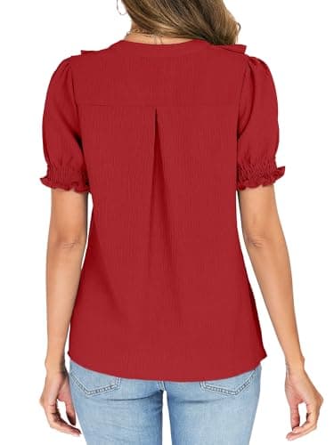 Funlingo Blouses for Women Dressy Casual Short Puff Sleeve Business Work Tops Summer V Neck Ruffle Shirts Office Clothes Smocked Cuffs Red L - Thumbnail 5