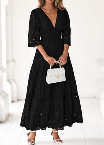Lazysmile Long Sleeve Dresses for Women V Neck Hollow Out Eyelet Ruffle Swing A-Line Fall Vacation Boho Maxi Dress Black - Thumbnail 3
