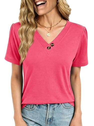 VUTRU Womens Short Sleeve Tops Summer Blouse V Neck Shirts Henley Tunic Loose Flowy Work Casual Plus Size Clothes, Heather Pink 3XL - Image 1