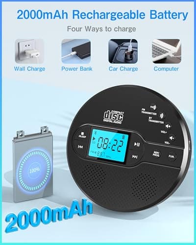 Sunoony Portable CD Player with Bluetooth, Personal CD Player for Car with FM Transmitter, Rechargeable CD Player Portable with Anti-Skip Protection, Headphones, AUX/USB Supported, LCD Display(Black) - Thumbnail 6