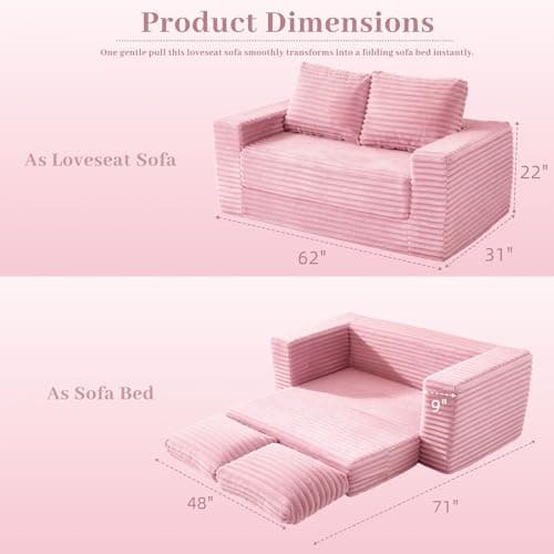 HABUTWAY Convertible Folding Sofa Bed Couch,3 in 1 Pull Out Couch Bed,Loveseat Sleeper Sofa Bed,Boneless Couches with Pillows for Living Room Bedroom, Light Pink - Thumbnail 2