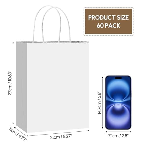 Qioxiou 60 Pack White Gift Bags 8.27x4.33x10.63 Medium Kraft Paper Gift Bags with Handles Bulk, White Paper Sacks for Wedding Birthday Party Favor, Retail, Merchandise, Grocery, Shopping, Business - Thumbnail 2