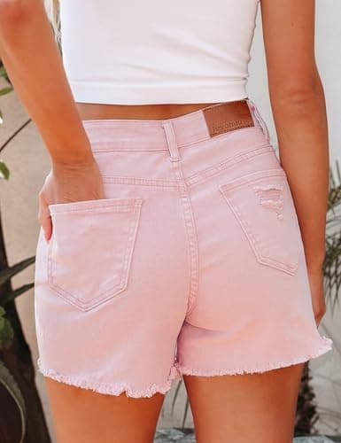 Luvamia High Waisted Women's Stretchy Denim Shorts Ripped Distressed Summer Casual Size 12, 14 Candy Pink - Thumbnail 3