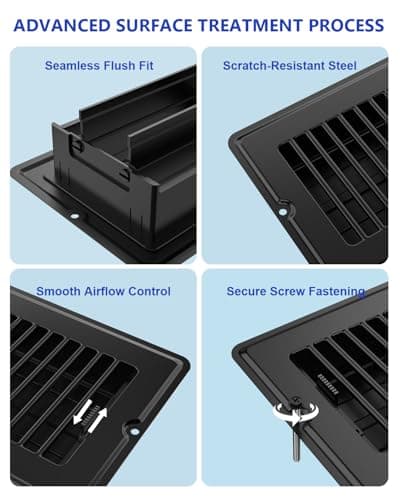 4x10 Floor Regsiter Vent Covers for Home Floor Wall Ceiling - Black with Screws for Easy Installation - Heavy Duty Steel Walkable Finish for Quiet Adjustable Air Vent Cover 4‘’ x 10‘’- 5 Pack - Thumbnail 5