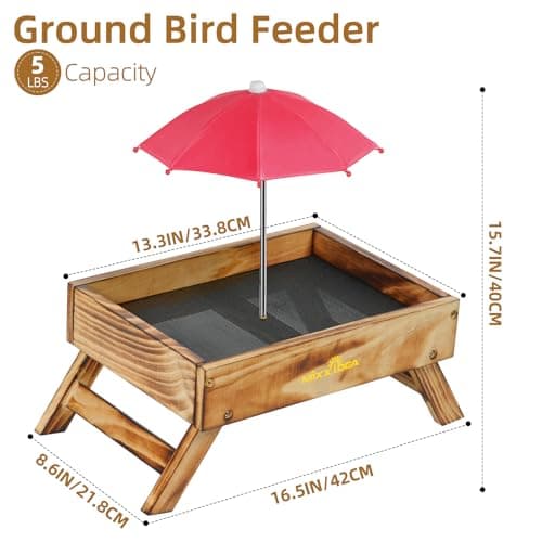 Ground Bird Feeder for Outdoors Bird&Squirrel Feeder Wooden Chicken Picnic Table Platform Feeder Wild Bird Feed Crow Feeder for Outside with 5 LBS Capacity (Brown) - Thumbnail 2