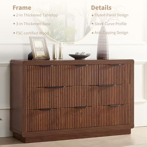 YANSNWO Walnut Dresser with 8 Drawers, 52" Modern Chest of Drawers with Thickened Curved Profile Design, Wooden Dresser TV Stand, Organizer for Bedroom, Living Room, Hallway - Thumbnail 4