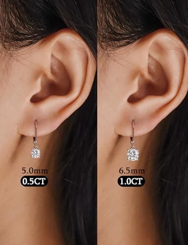 YODEWA Moissanite Earrings for Women, 1CT/Pair D Color Brilliant Round Cut 18K White Gold Plated Sterling Silver Leverback Drop Dangle Earrings 5.0mm - Thumbnail 4