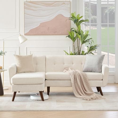 Tbfit L Shaped Couch Sofa, 80" W Mid-Century Modern Sectional Couches, 3 Seater Sofas with Wide Chaise Lounge, Button Tufted Upholstered Sectional Sofa for Living Room, Bedroom, Beige - Thumbnail 3