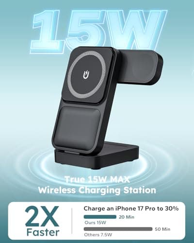 Eddibox 15W Travel Charging Station for MagSafe 3 in 1, Foldable Magnetic Wireless Charger Stand for iPhone 17 16 15 Pro Max, Fast Phone Charging Dock for Apple Watch/AirPods (with 30W Adapter) - Thumbnail 2