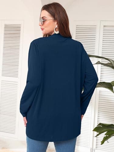 AusLook Women's Plus Size Lightweight Open Front Cardigan Dark Blue 3X Causal Long Sleeve Cover Ups Shrugs Tops Shawls and Wraps Kimono Jacket Coat - Thumbnail 2