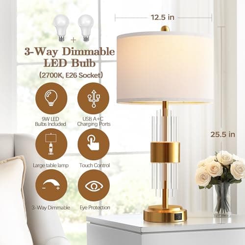 QiMH 25.5" Table Lamp Set of 2 with USB A+C Ports, Gold Lamp for Living Room with Touch Control, Modern Bedside Nightstand Lamp White Lamp Shade Bedroom Home Office Decor (2700K LED Bulbs Included) - Thumbnail 5