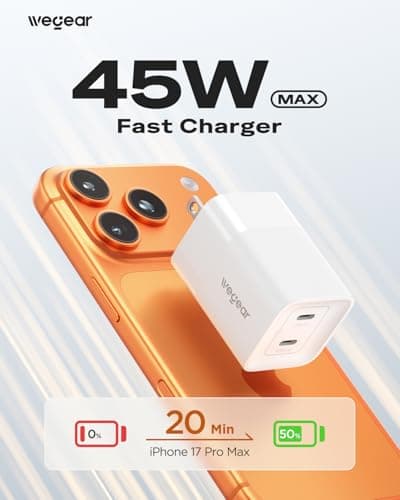 wegear 45W USB C Charger, 2 Port GaN Fast Charging with PPS, Foldable Wall Charger Block for iPhone 17/16/15, iPad, Galaxy S25/S24, Pixel 10/9 (White) - Thumbnail 2