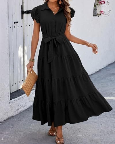 dowerme Women Summer Dress 2025 Cap Ruffle Sleeve V Neck Button Up High Waist Belted Tiered Boho Flowy Long Sun Dresses(Black,X-Large) - Thumbnail 6