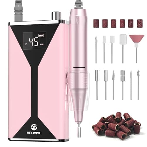 HELIVIVE Professional Electric Nail Drill 45000RPM (Portable & Rechargeable) (with 11 Drill Bits ) Cordless Nail File Machine for Shaping, Polishing & Removing Gel Nails for Salon Home (Pink) - Image 1