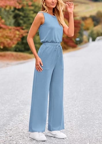PRETTYGARDEN Jumpsuits for Women Casual 2026 Summer Sleeveless Wide Leg Pants Rompers One Piece Beach Vacation Spring Outfits (Light Blue,X-Large) - Thumbnail 4