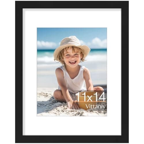 Vittanly 11x14 Picture Frame, Made of Solid Wood and Shatterproof Plexiglass, Display Pictures 8x10 with Mat or 8x10 without Mat, Wooden Photo Frame for Wall Mounting or Tabletop, Black, 1 Pack