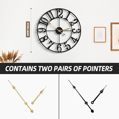 HAITANG Large Wall Clocks for Living Room Decor,16 Inch Clock Black Metal Silent Non Ticking Battery Operated Modern Vintage Decorative Clock Wall for Bedroom - Thumbnail 3