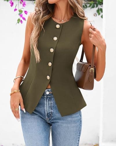 BTFBM Summer Sleeveless Blazer Vest for Women Dressy Button Down Round Neck Business Casual Outfits Work Suit Vests Tops(Army Green, Large) - Thumbnail 2