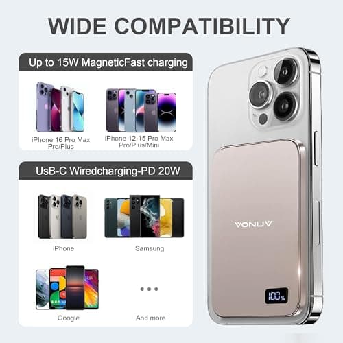 VONUV Magnetic Portable Charger 5000mAh, 15W Ultra Slim Wireless Portable Charger, Fast Charging for iPhone 16/15/14/13/12 Pro/Pro Max/Plus, Metal Shell, USB-C Cable to Charge Other Phones (Gold) - Thumbnail 5