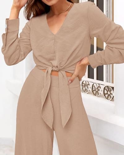 PRETTYGARDEN Women's 2 Piece Outfits 2025 Fall Fashion V Neck Long Sleeve Strappy Crop Top Wide Leg Pant Lounge Sets(Khaki,Large) - Thumbnail 4