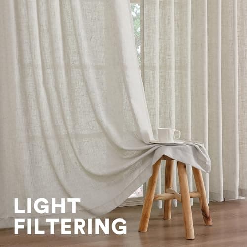 PrinceDeco Light Filtering Curtains 96 Inches Long 2 Panels Long Semi Sheer Linen Blended Window Curtains Back Tab Pocket Boho Rustic Farmhouse Drapes for Living Room Bedroom 52X96, Pale Oak Colored - Thumbnail 5