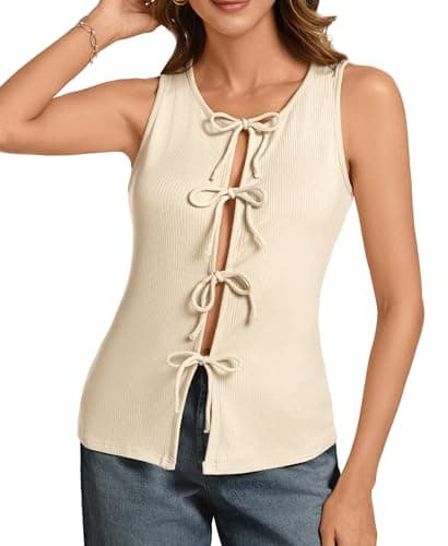 ADORPOP Ribbed Tank Tops for Womens - Y2k Sleeveless Bow Tie Front Shirts Cute Summer Going Out Crop Top Beige XX_Large