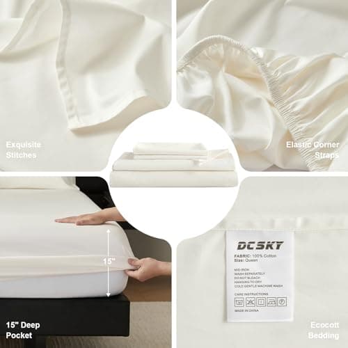 DCSKY 100% Egyptian Cotton Sheets Full Size Bed Set, Deep Pocket Sheet set-1600 Thread Count Cotton Naturally Cool Soft Breathable No Pill Elasticated Luxury Cream White Bedding for All Seasons - Thumbnail 6