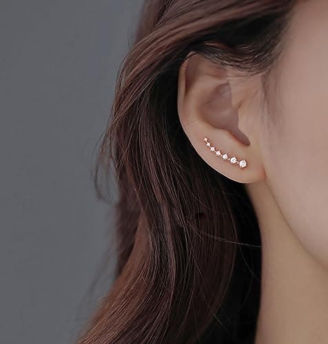 Reffeer Solid 925 Sterling Silver Crawler Earrings Tassel Chain Dangle for Women Teen 7 Crystal Cuff Earrings Climber - Thumbnail 3