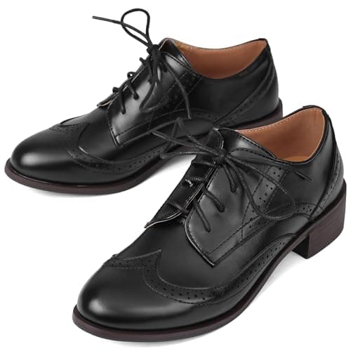 Yremael Women Black Oxfords Lace Up Pointed Toe Classic Business Formal Wingtip Brogue Dressy Shoes - Thumbnail 6