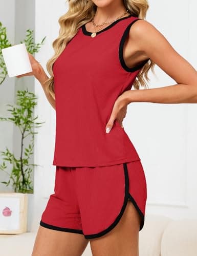 JUSTFASHIONNOW Women's 2-Piece Contrast Trim Pajama Set - Casual Tank Top & Shorts, Soft Ribbed Loungewear(Red Large) - Thumbnail 4