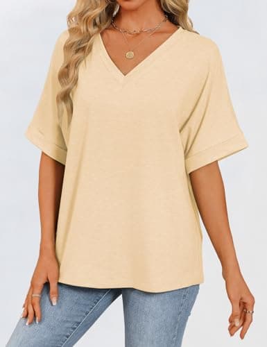 GKBK Womens Oversized T Shirts V Neck Loose Fit Shirts Short Sleeve Summer Casual Tops 2025 Trendy Blouses Y2K Plain Tees Apricot XXL - Thumbnail 2