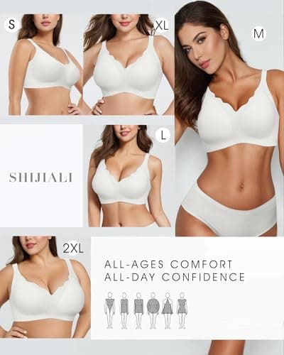 SHIJIALI Women's Seamless Bras Scalloped Push Up Support Full Coverage No Underwire Bra Wireless Comfort Tshirt Bra White - Thumbnail 5