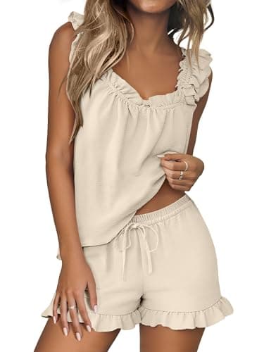 ANRABESS Womens Summer Lounge Set 2 Piece Outfits Ruffle Tank Top and Shorts Set 2026 Beach Vacation Cover Up Clothes White XX-Large