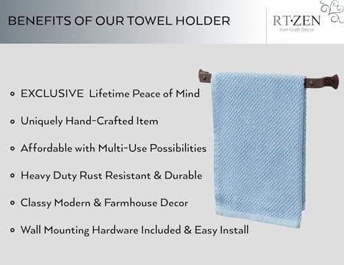 RTZEN Matte Black Hand Towel Holder for Bathroom - Handcrafted Farmhouse Wrought Iron Metal Kitchen Bar - Small Hand Towel Bar Hanger for Home or Office - Wall Mounted Rack Fits 10" Towels - Thumbnail 2