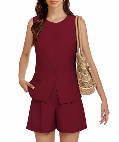 Casly Lamiit Short Sets for Women Summer Two Piece Outfits Dressy Casual Button Down Crewneck Vest Suiting Elegant Work Clothing Wine Red XS - Image 1