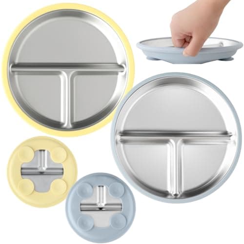 TOTS GROUND Stainless Steel Baby & Toddler Plate with Suction, Set of 2 Divided Plates with Removable Silicone Sleeves, Non Toxic BPA Free Non-Slip Unbreakable Kids Dishes (Butter Yellow & Baby Blue)