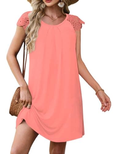 UNCLECAT Summer Dresses for Women Casual Lace Crochet Sleeves T Shirt Pleated Crewneck Tunic Dress Coral