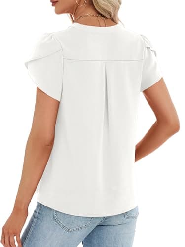 Funlingo Dressy Casual Tops for Women Short Ruffle Sleeve Business Work Blouse 2026 Spring Professional Office Pleated White Shirts S - Thumbnail 2