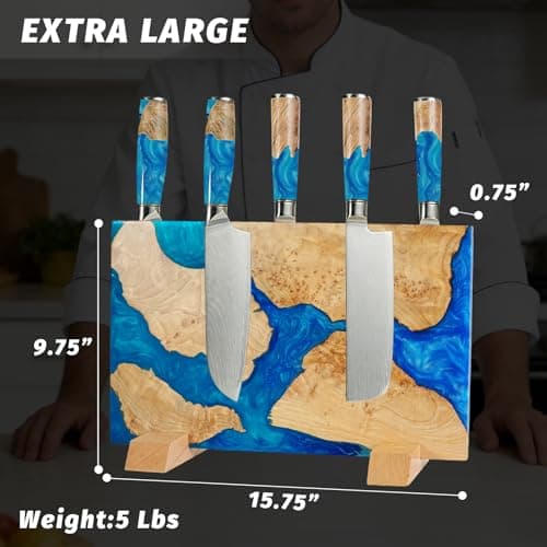 Premium Artisan Magnetic Knife Block - Double Sided 20 Knife Holder - Handcrafted Burl Wood & Blue Resin River Design - Stable Countertop Stand - Professional Kitchen Storage(No Knife) - Thumbnail 4