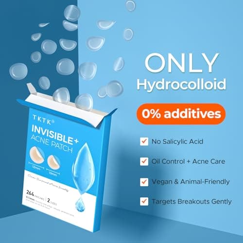 TKTK Pimple Patches for Face, 0.01cm Ultra-Thin Invisible Acne Patches, Hydrocolloid Patches for Breakouts, Absorbs Zits & Blemish, Suitable Under Makeup, 2 Sizes(10mm/12mm) 264 count - Thumbnail 6