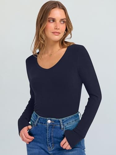 ANRABESS Long Sleeve V Neck Shirts for Women Navy Blue L - Thumbnail 4