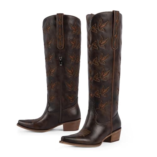 QIY Chocolate Cowboy Boots for Women Embroidered Pointed Toe Cow Girl Classic Block Heel Nashville Knee High Western Dark Brown Cowgirl Boots Size 7 - Thumbnail 5
